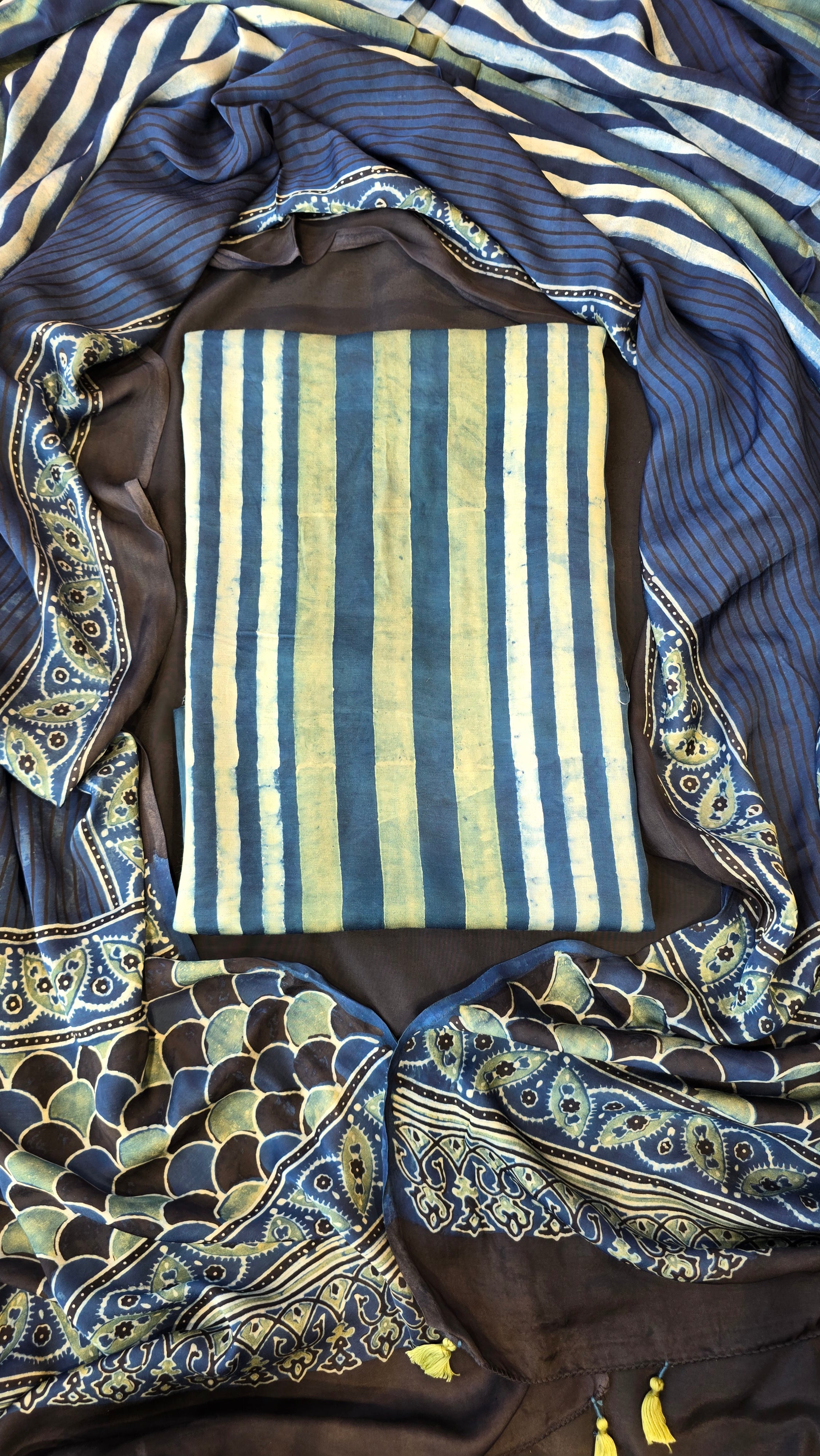 Light blue & black ajrakh stripes 3pc suit