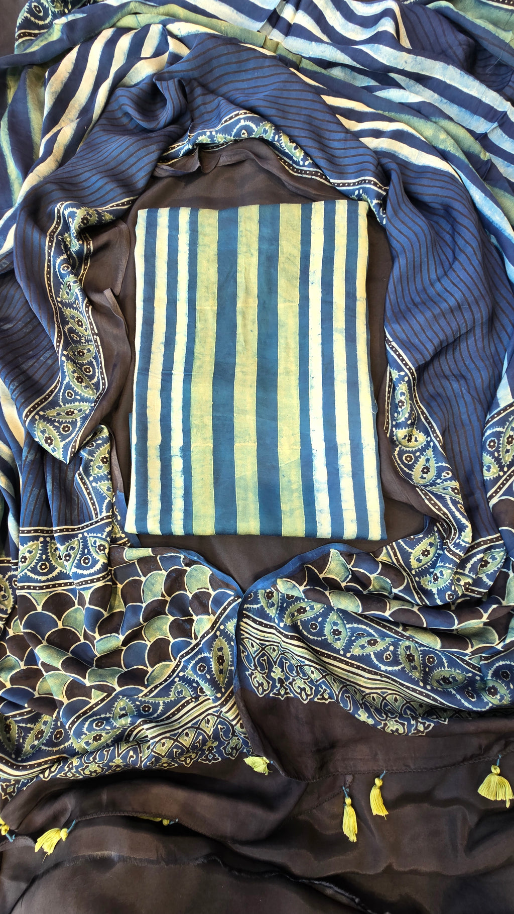 Light blue & black ajrakh stripes 3pc suit