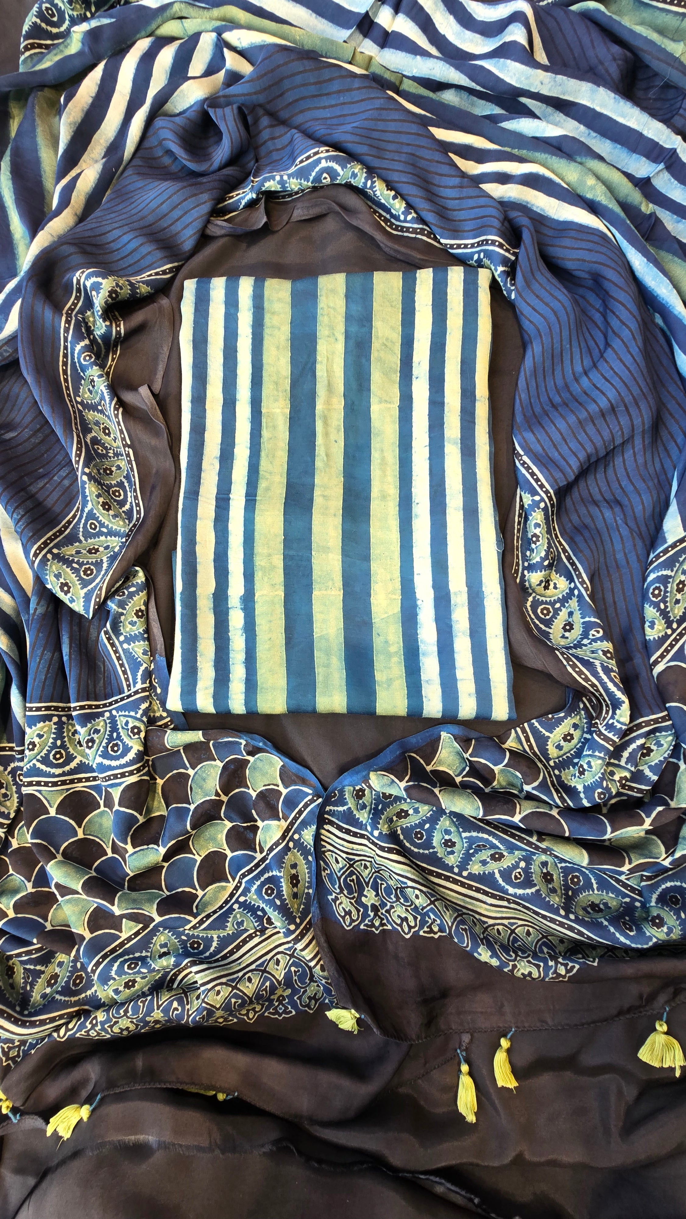Light blue & black ajrakh stripes 3pc suit
