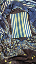 Light blue & black ajrakh stripes 3pc suit