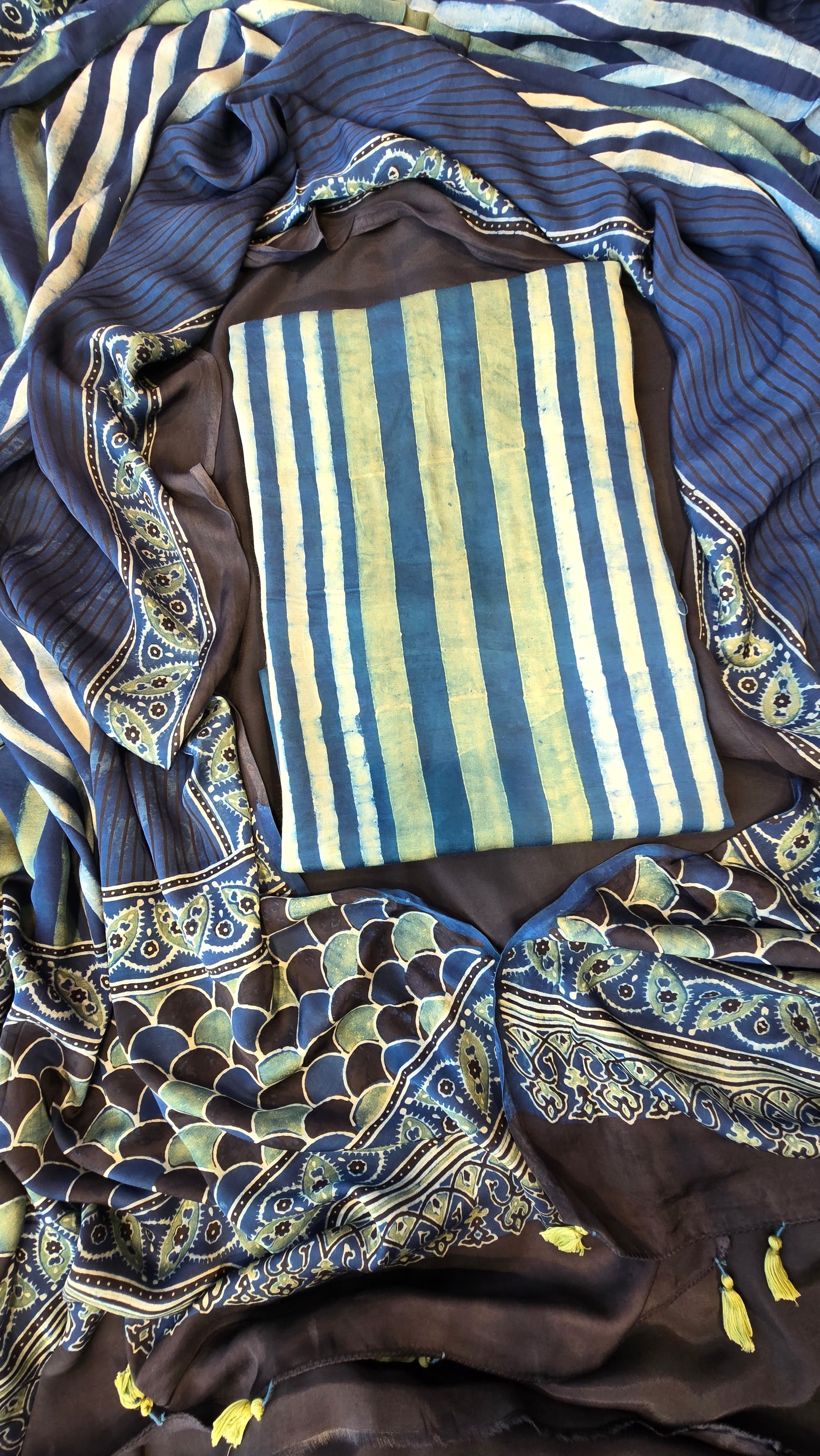 Light blue & black ajrakh stripes 3pc suit