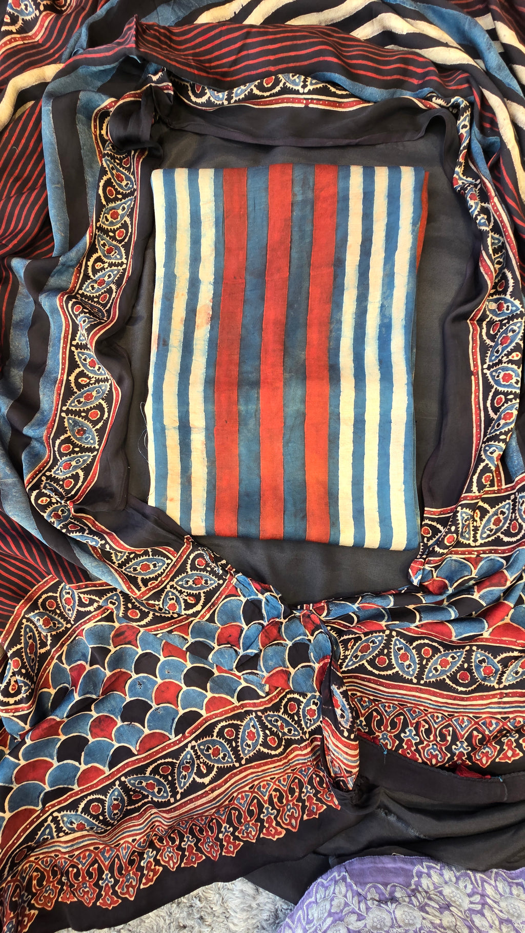 Red and black ajrakh stripe 3pc suit