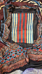 Red and black ajrakh stripe 3pc suit