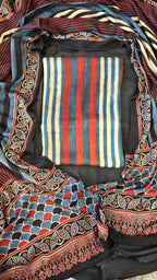 Red and black ajrakh stripe 3pc suit