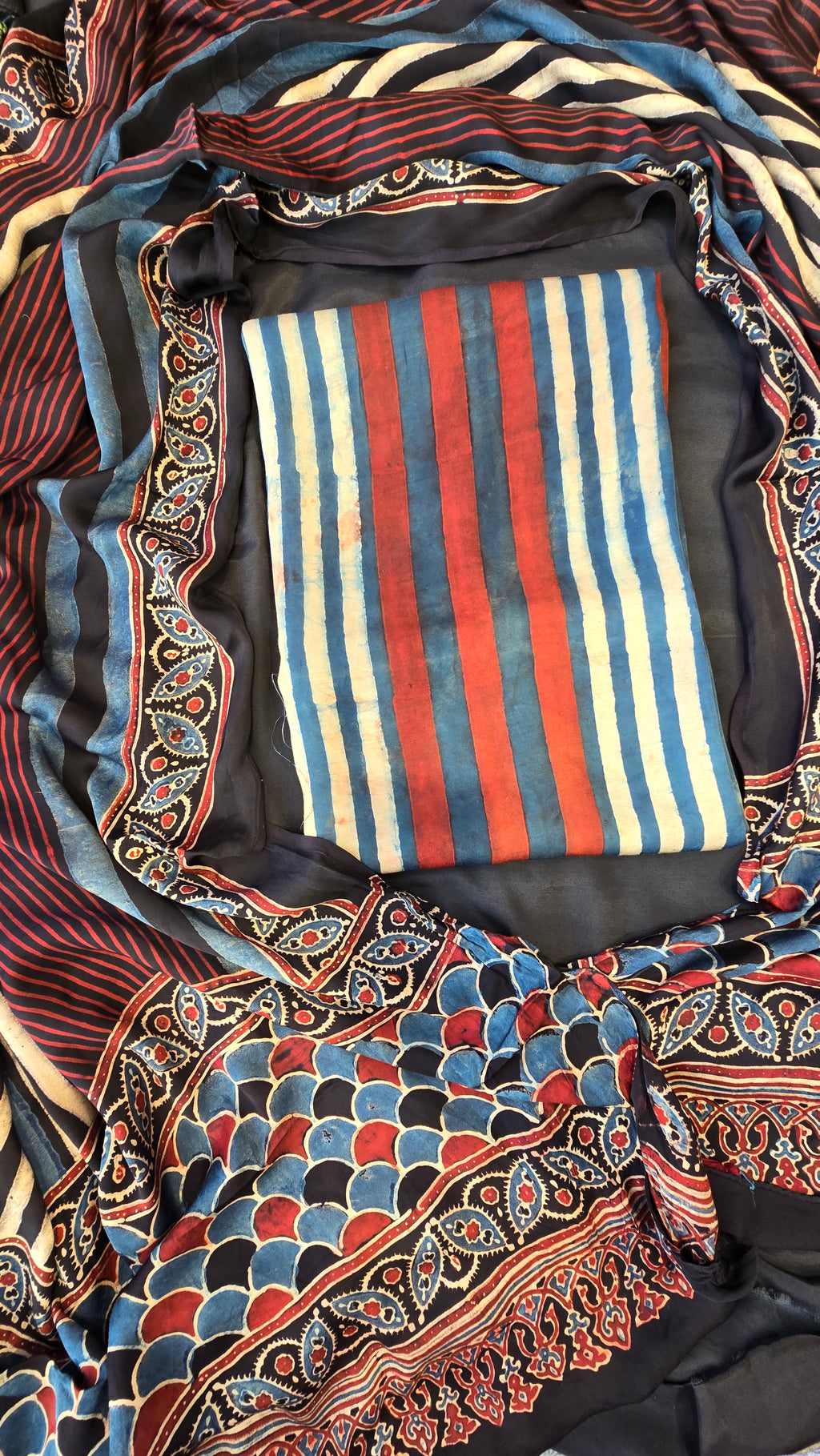 Red and black ajrakh stripe 3pc suit