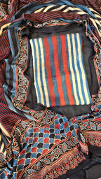 Red and black ajrakh stripe 3pc suit