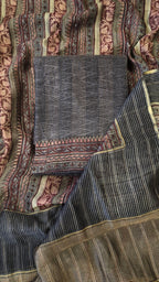 Zari checks soft chanderi charcoal black 3pc unstitched suit set