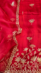 A beautiful ruby red 3pc set with organza dupatta
