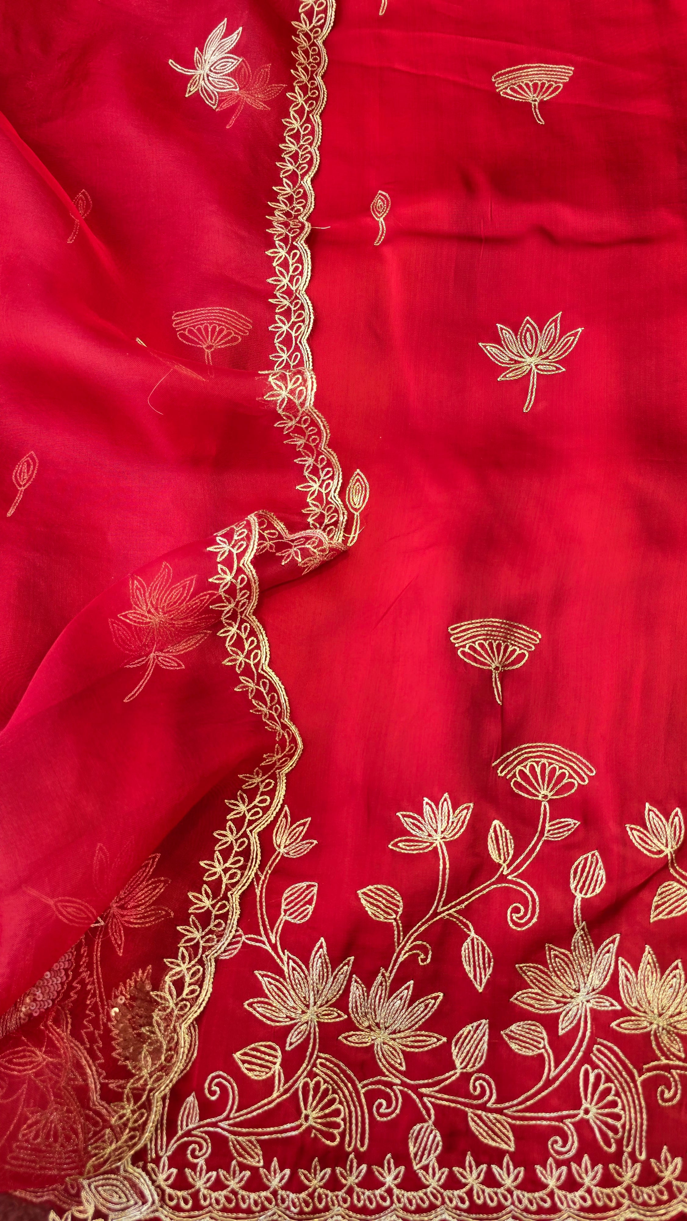 A beautiful ruby red 3pc set with organza dupatta