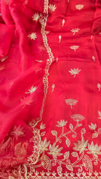 A beautiful ruby red 3pc set with organza dupatta