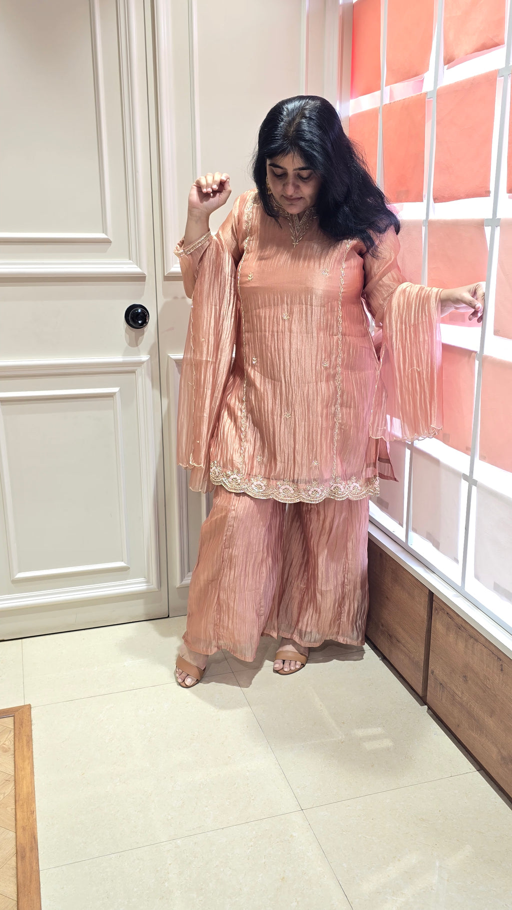 Peach soft crush tissue readymade suit set