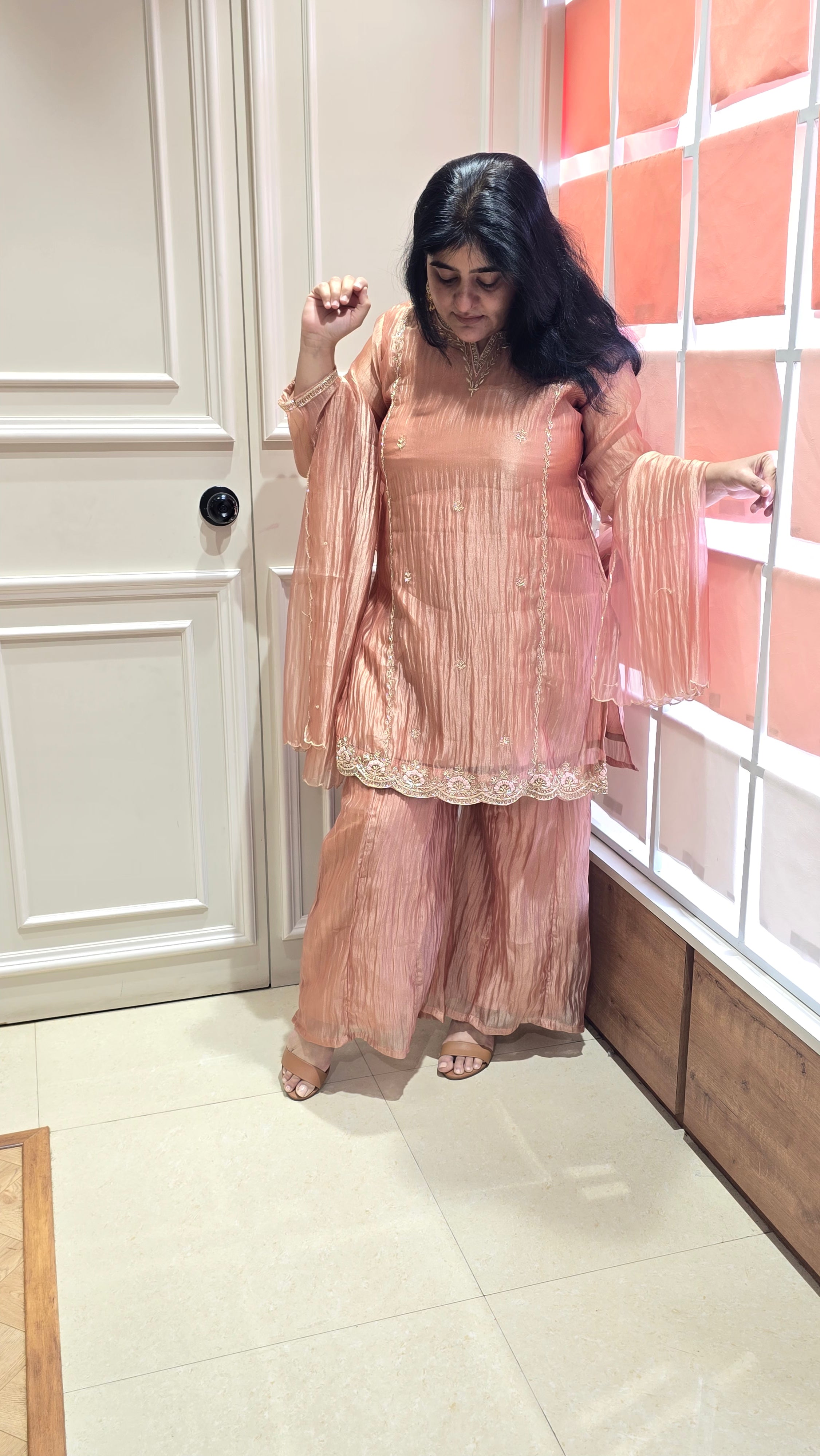 Peach soft crush tissue readymade suit set