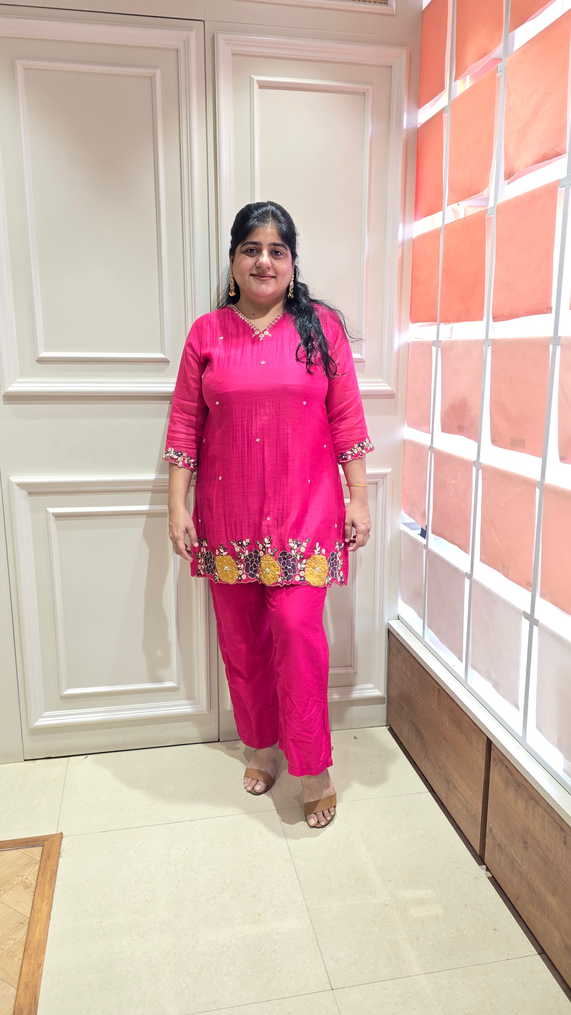 Rani pink v neck handwork co-ord