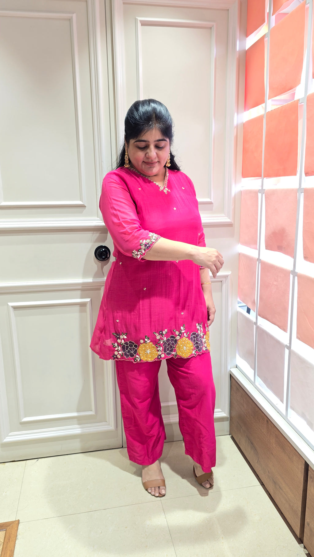 Rani pink v neck handwork co-ord