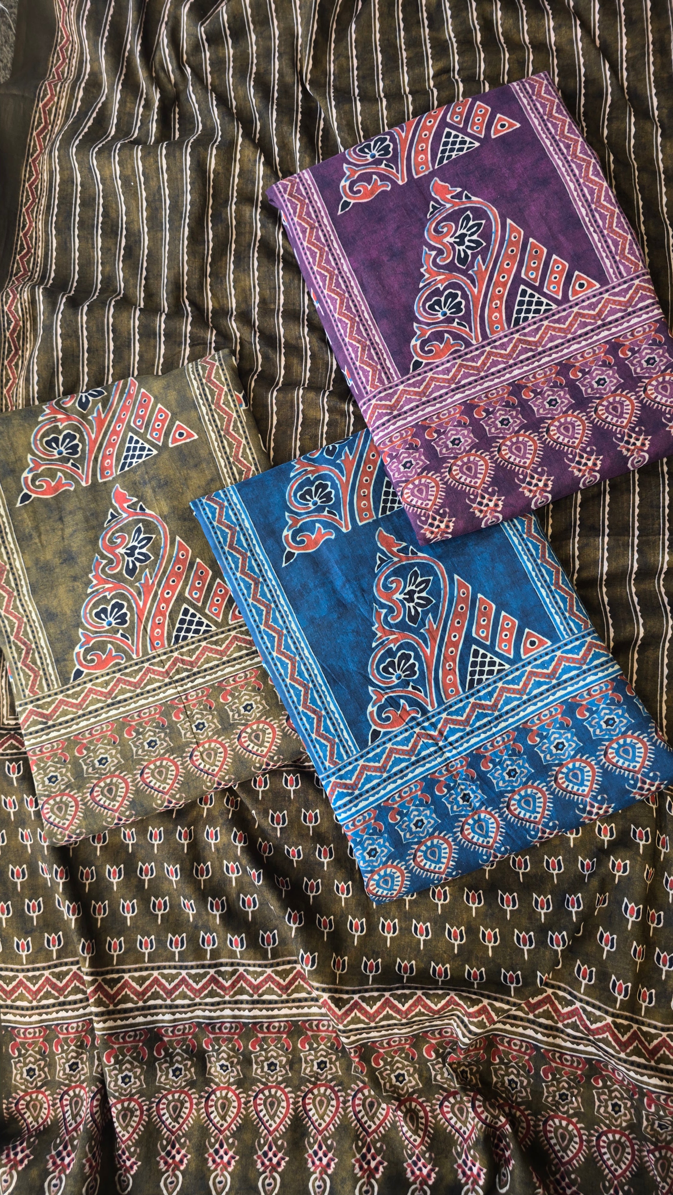 Mehndi green organic cotton ajrakh print 3pc set