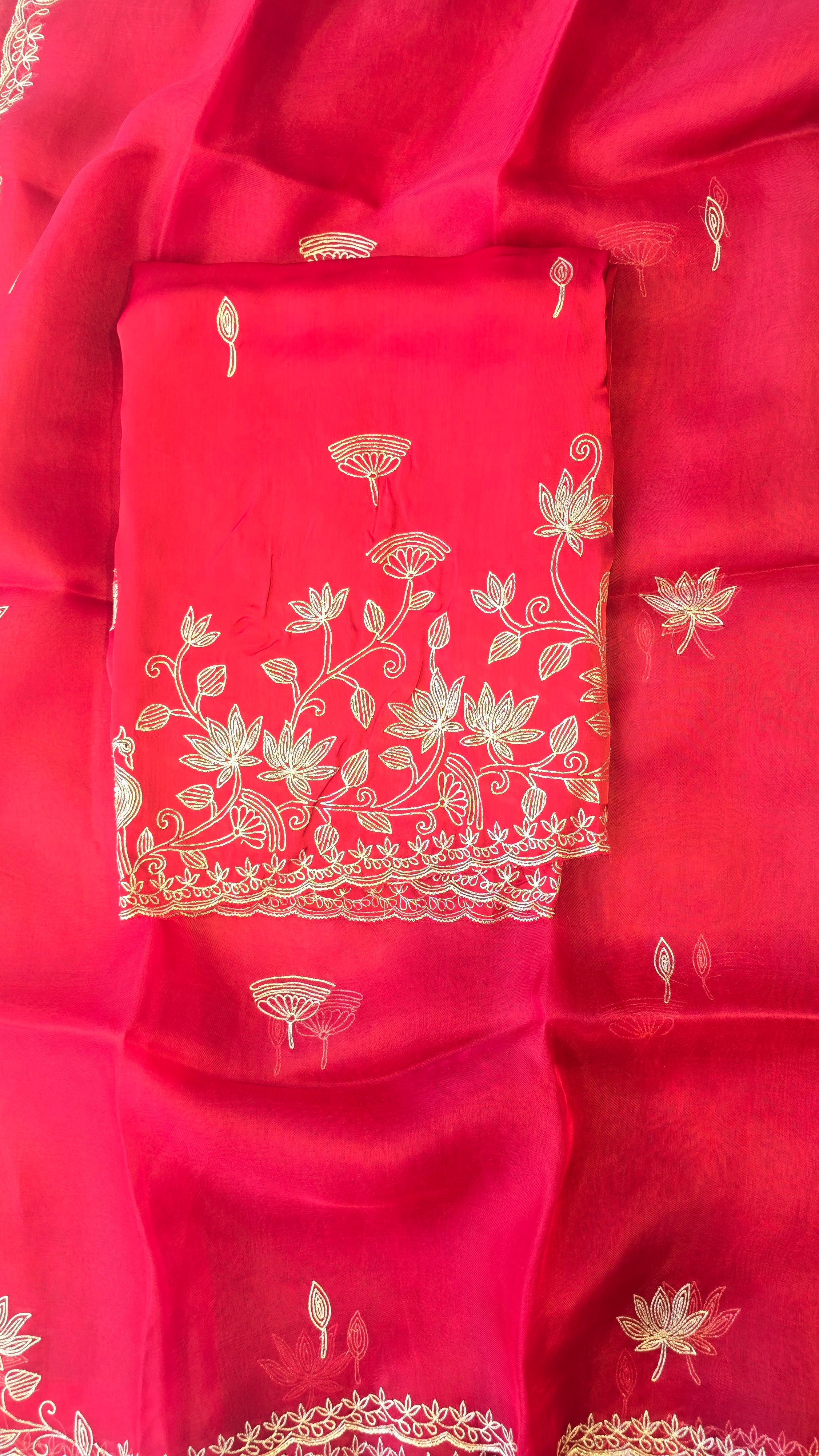 A beautiful ruby red 3pc set with organza dupatta
