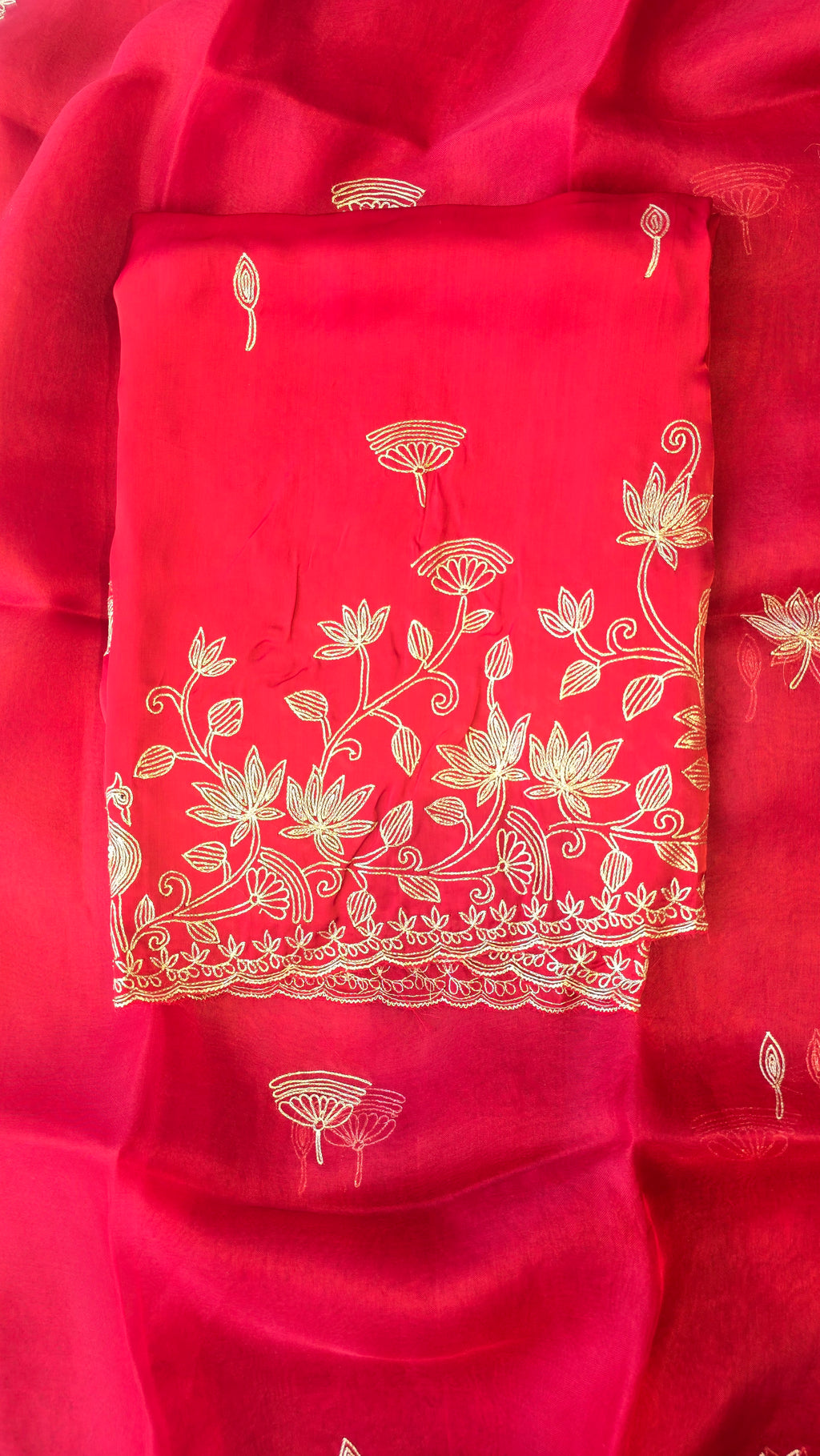 A beautiful ruby red 3pc set with organza dupatta