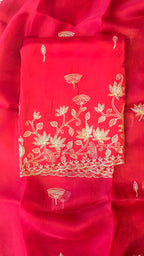 A beautiful ruby red 3pc set with organza dupatta