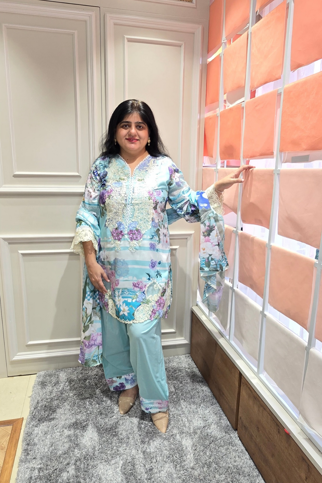 Pestel sky blue soft floral cotton 3pc readymade suit set