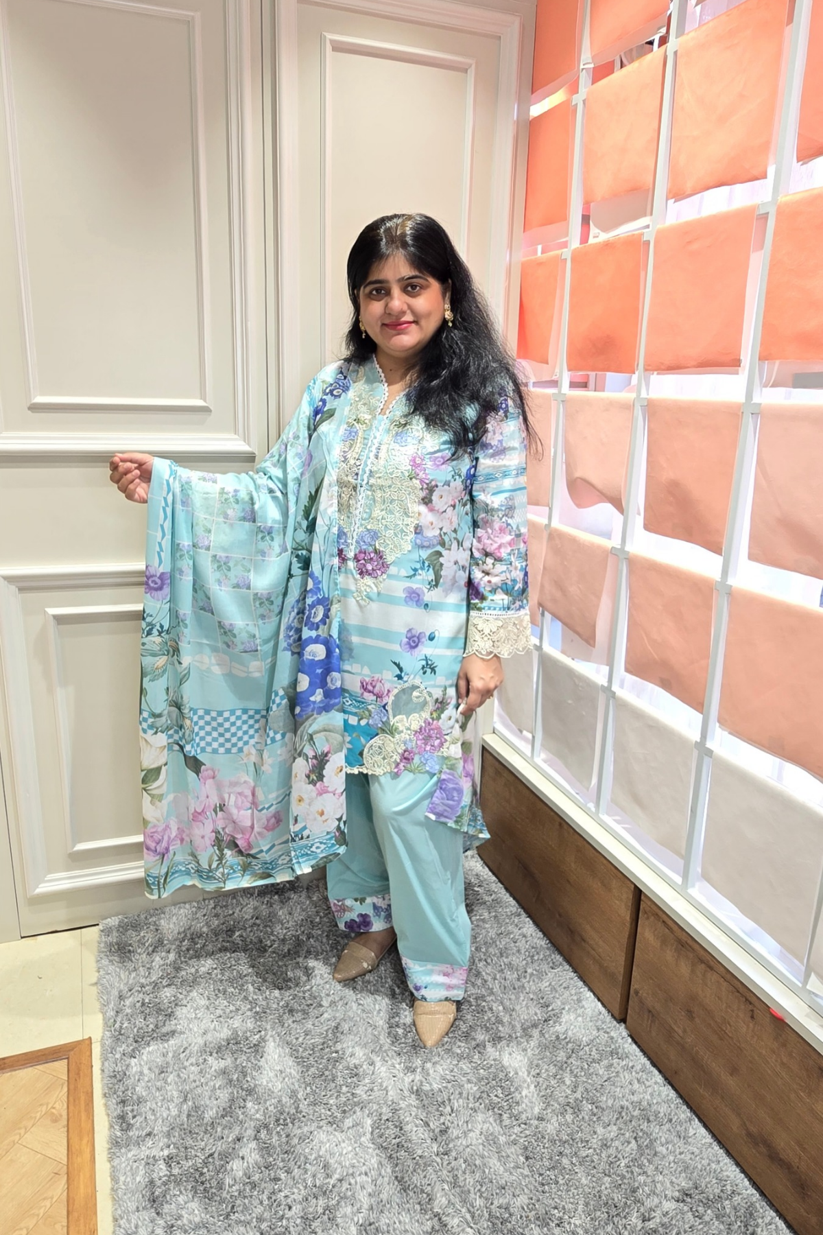 Pestel sky blue soft floral cotton 3pc readymade suit set