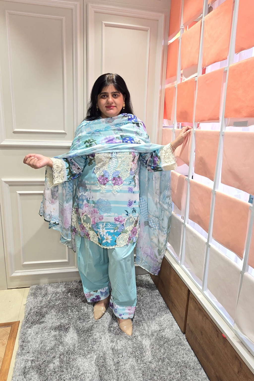 Pestel sky blue soft floral cotton 3pc readymade suit set