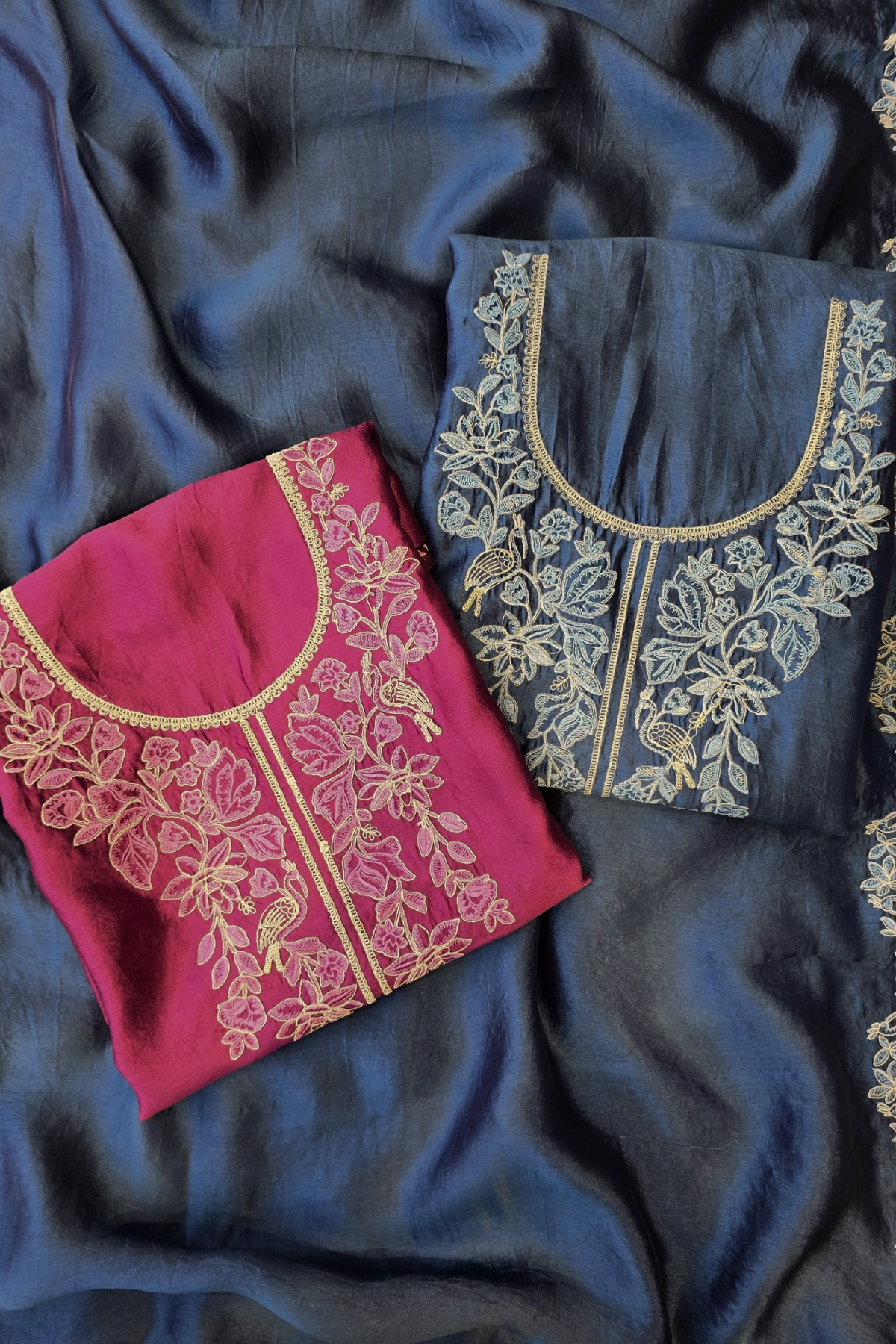 Soft wine silk chanderi dori work unstitched 3pc suit set