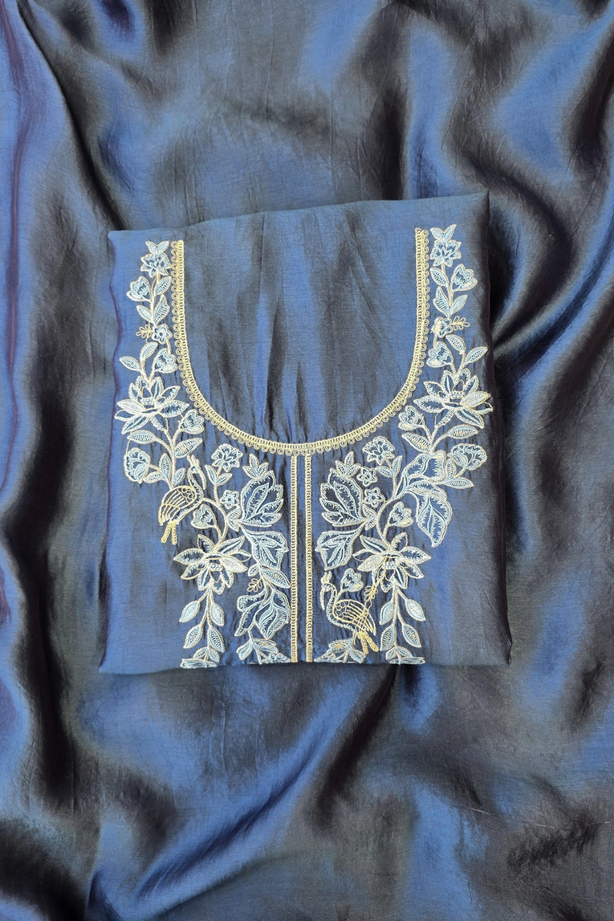 Soft teal blue silk chanderi dori work 3pc unstitched suit set