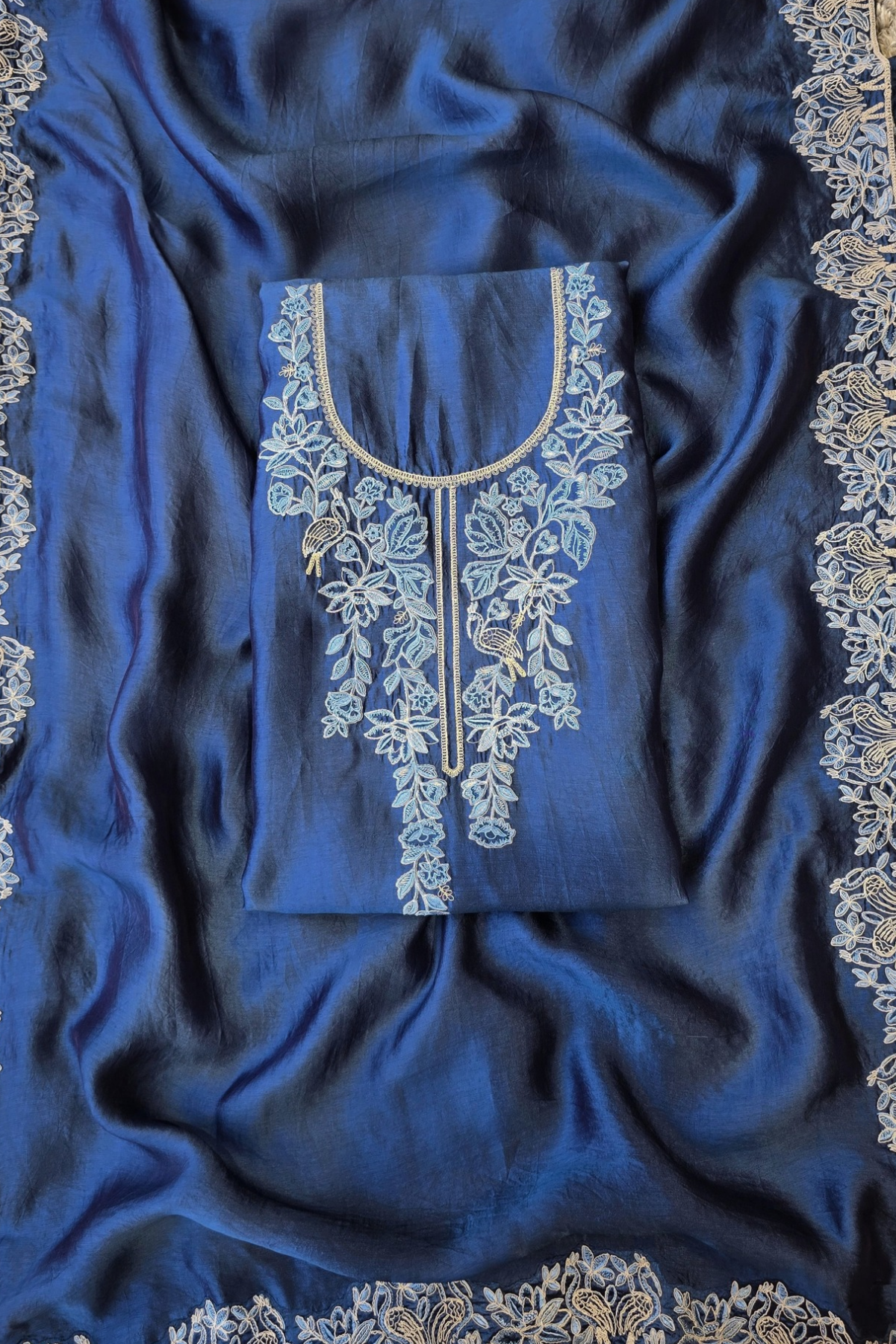 Soft teal blue silk chanderi dori work 3pc unstitched suit set