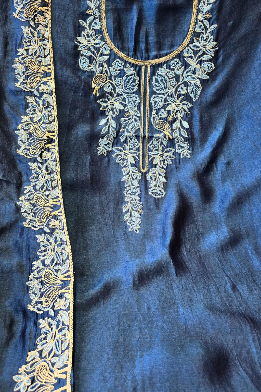 Soft teal blue silk chanderi dori work 3pc unstitched suit set