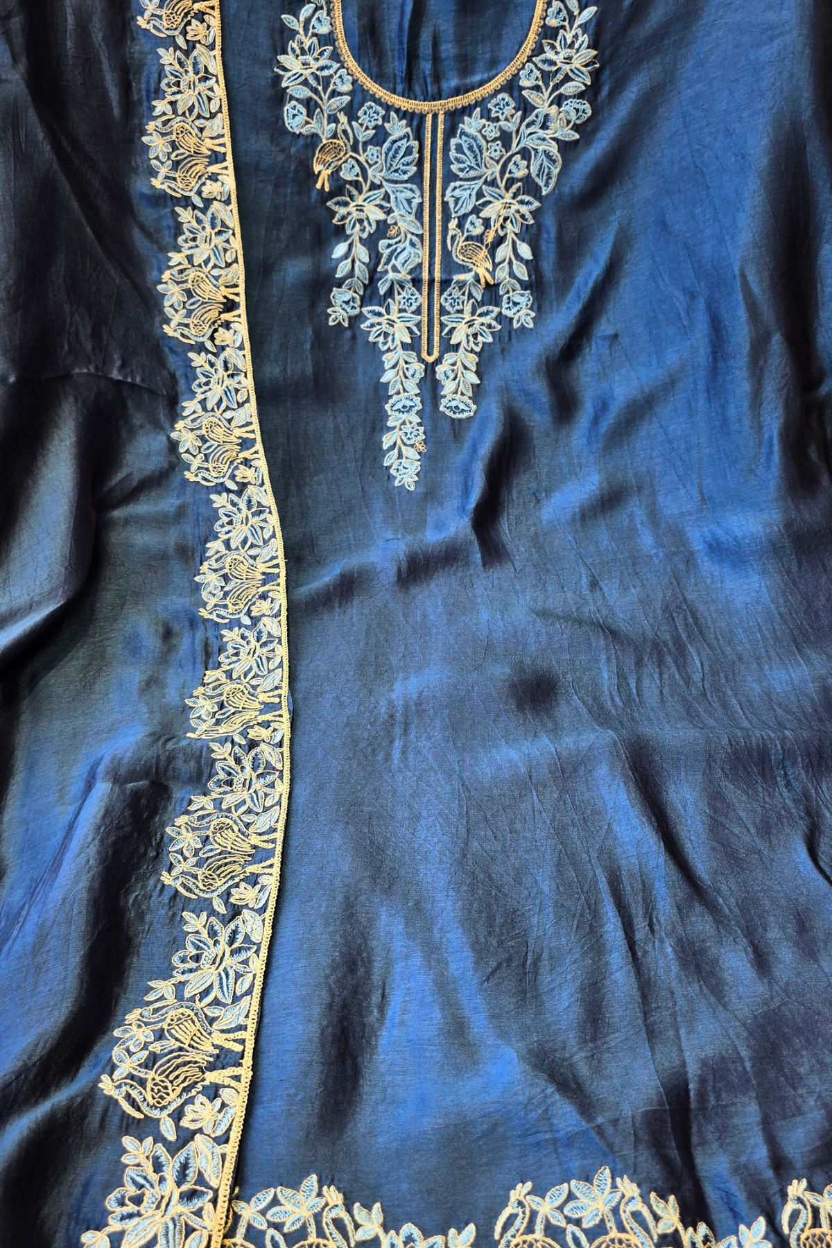 Soft teal blue silk chanderi dori work 3pc unstitched suit set