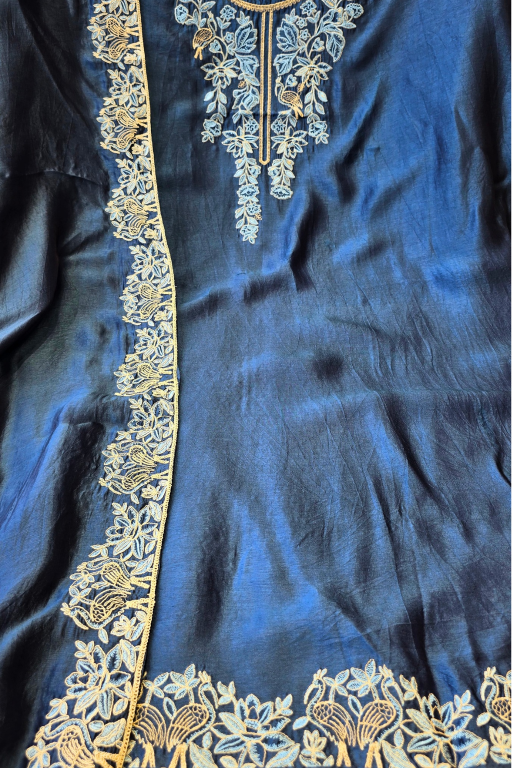 Soft teal blue silk chanderi dori work 3pc unstitched suit set