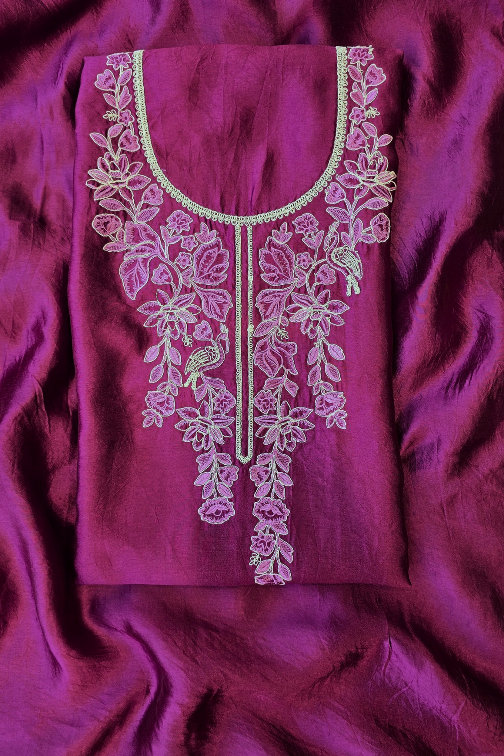 Soft wine silk chanderi dori work unstitched 3pc suit set
