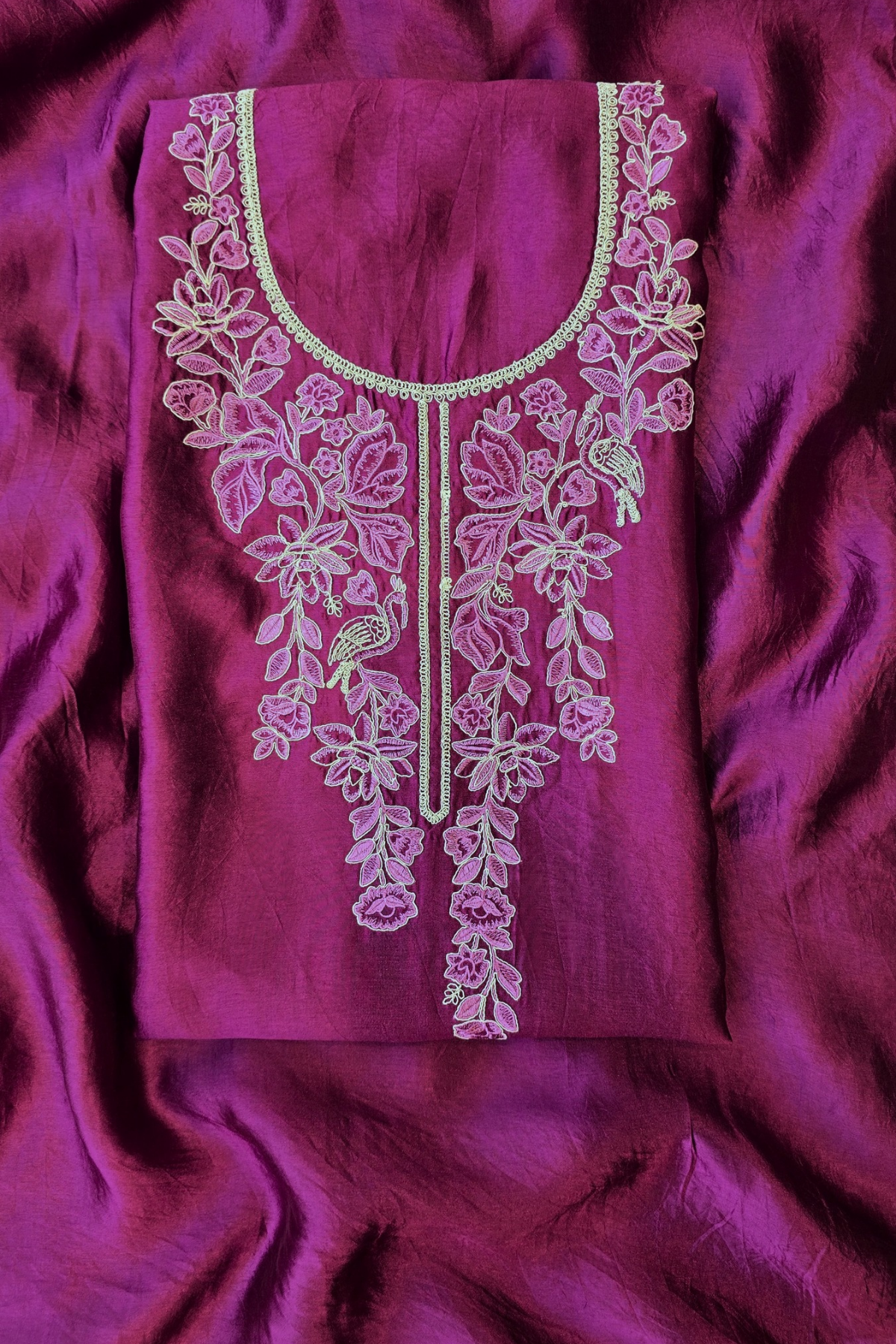Soft wine silk chanderi dori work unstitched 3pc suit set