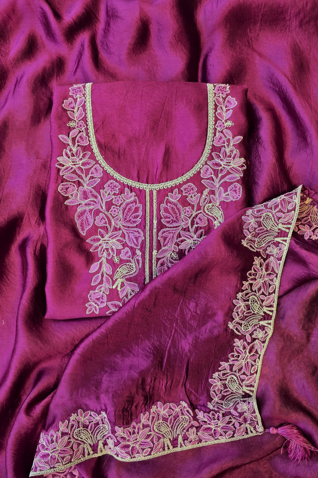 Soft wine silk chanderi dori work unstitched 3pc suit set