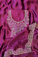Soft wine silk chanderi dori work unstitched 3pc suit set