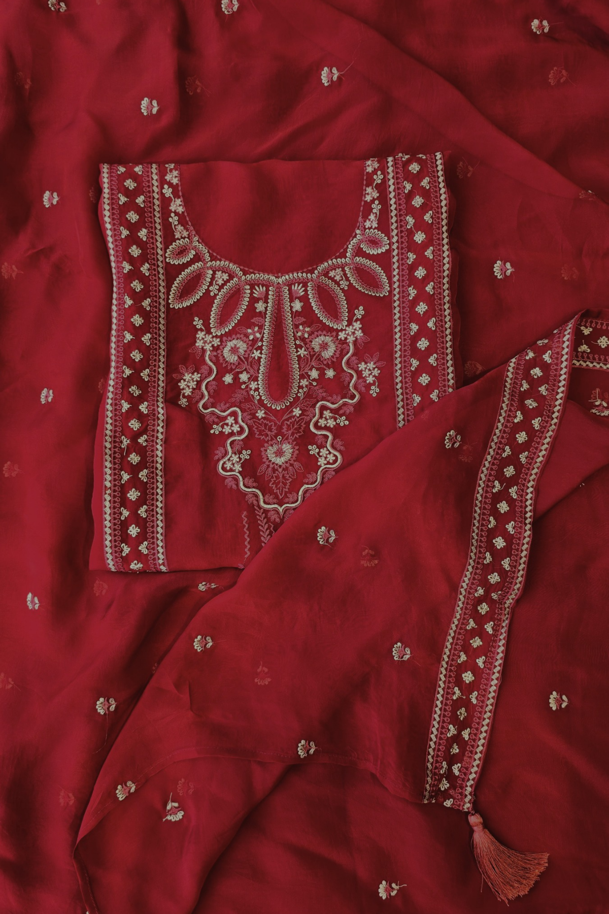 Soft ruby red organza resham embroidery 3pc unstitched suit set