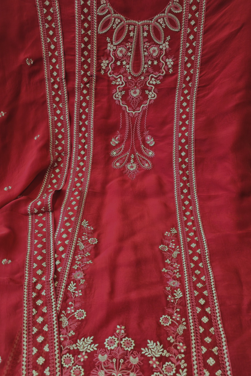 Soft ruby red organza resham embroidery 3pc unstitched suit set