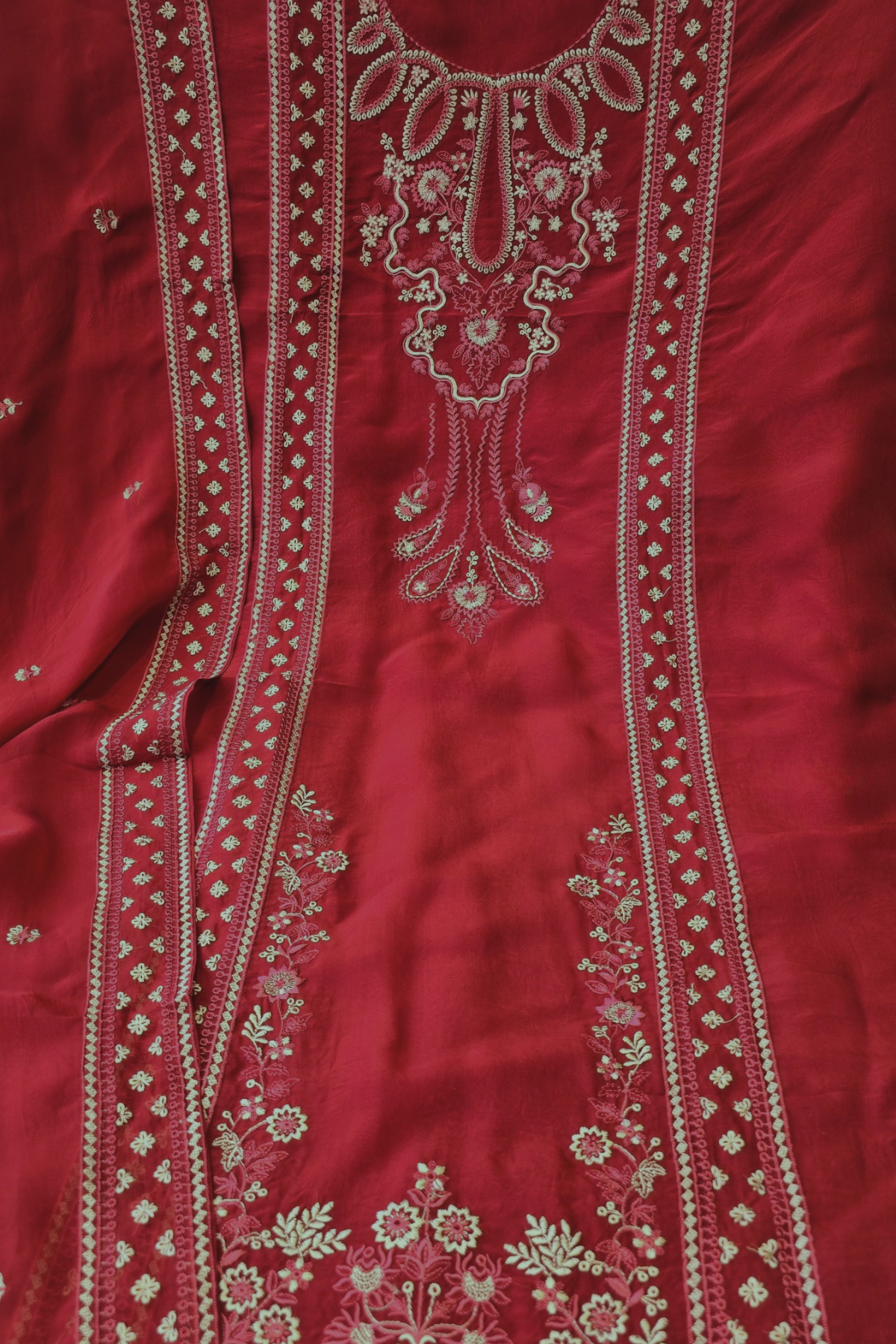 Soft ruby red organza resham embroidery 3pc unstitched suit set
