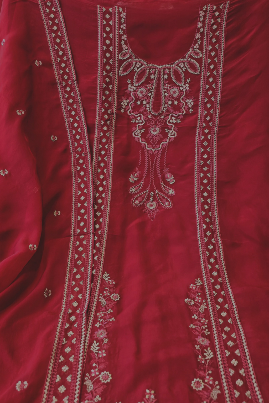 Soft ruby red organza resham embroidery 3pc unstitched suit set