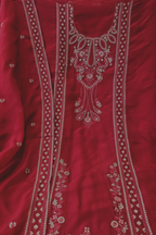 Soft ruby red organza resham embroidery 3pc unstitched suit set