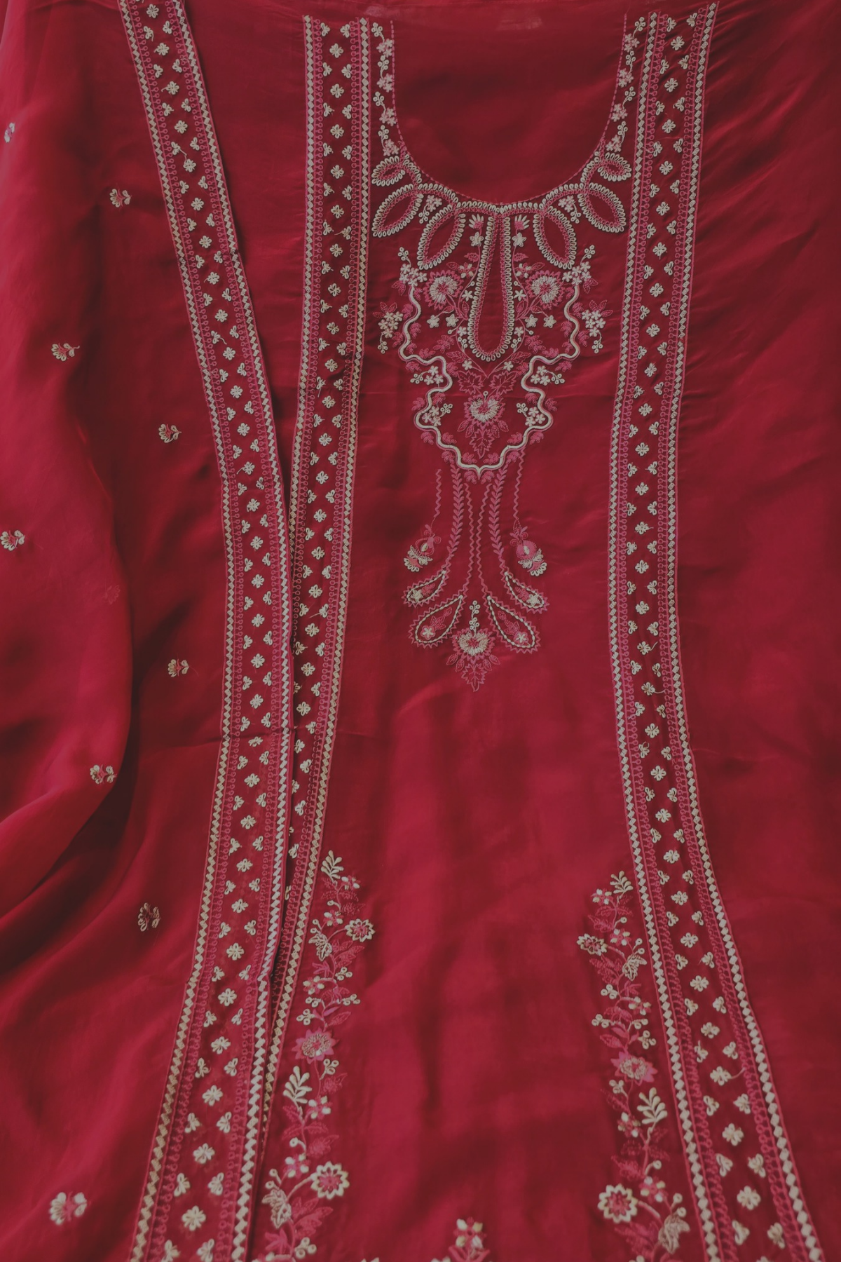 Soft ruby red organza resham embroidery 3pc unstitched suit set