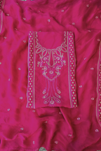 Soft rani pink organza resham embroidery 3pc unstitched suit set