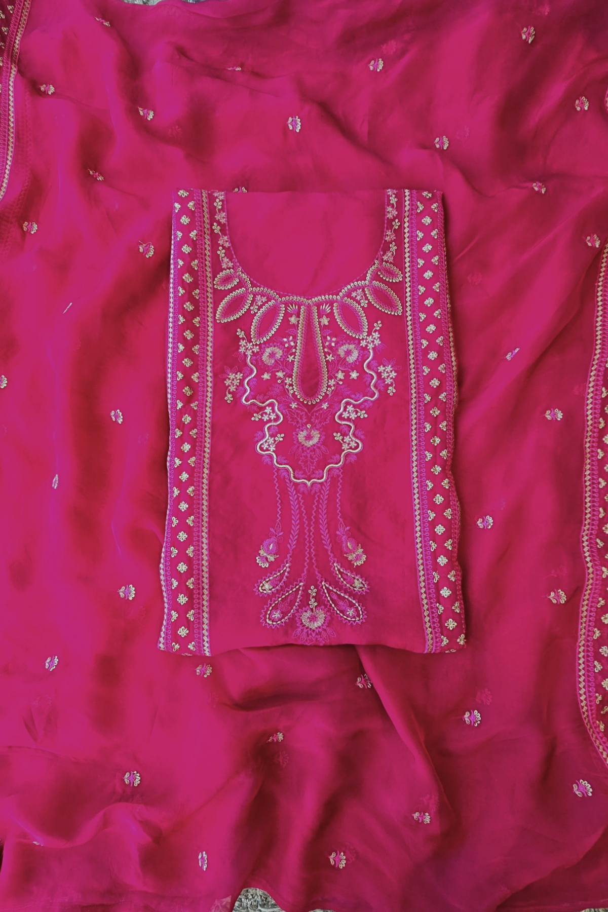Soft rani pink organza resham embroidery 3pc unstitched suit set