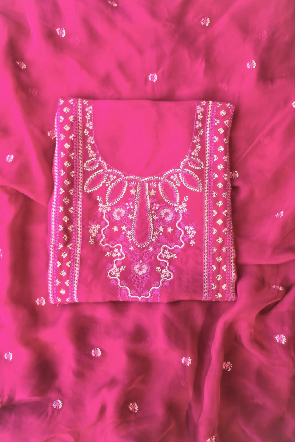 Soft rani pink organza resham embroidery 3pc unstitched suit set