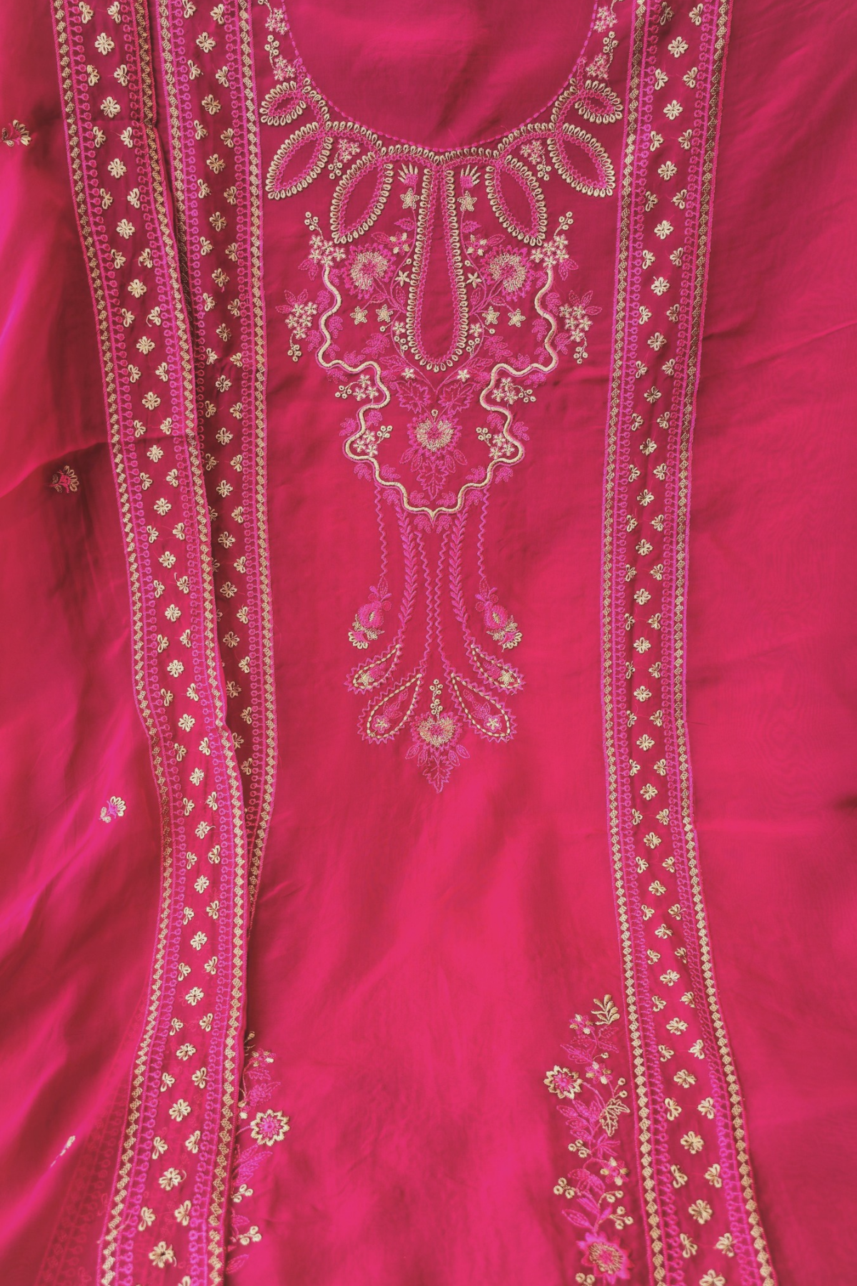 Soft rani pink organza resham embroidery 3pc unstitched suit set