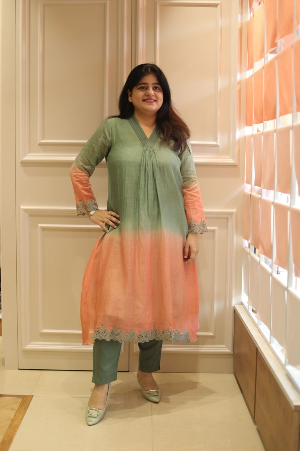 Orange olive mul kurta set