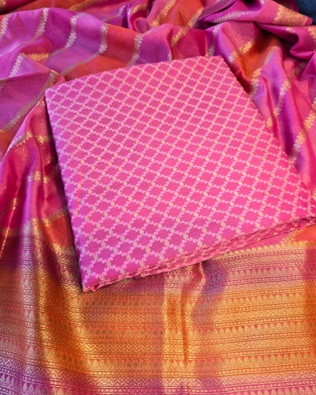 Magenta pink golden zari suit set