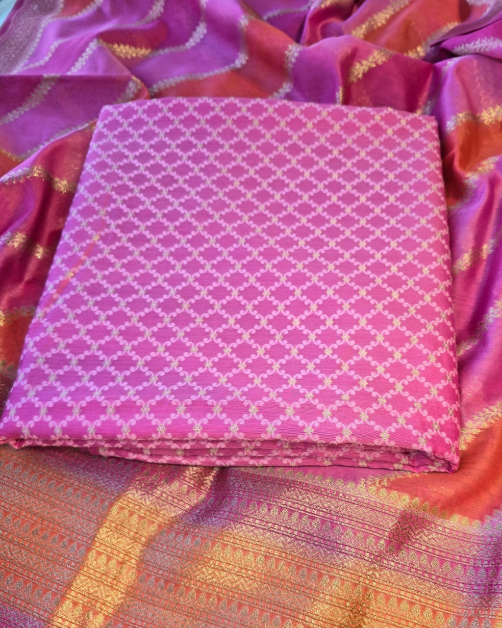 Magenta pink golden zari suit set