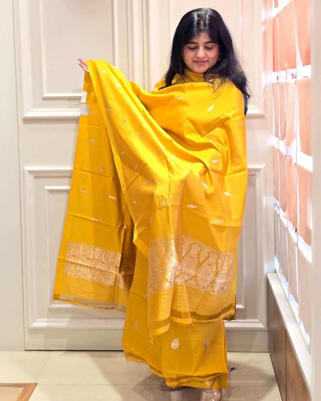 Mustard yellow bird and floral silk suit set