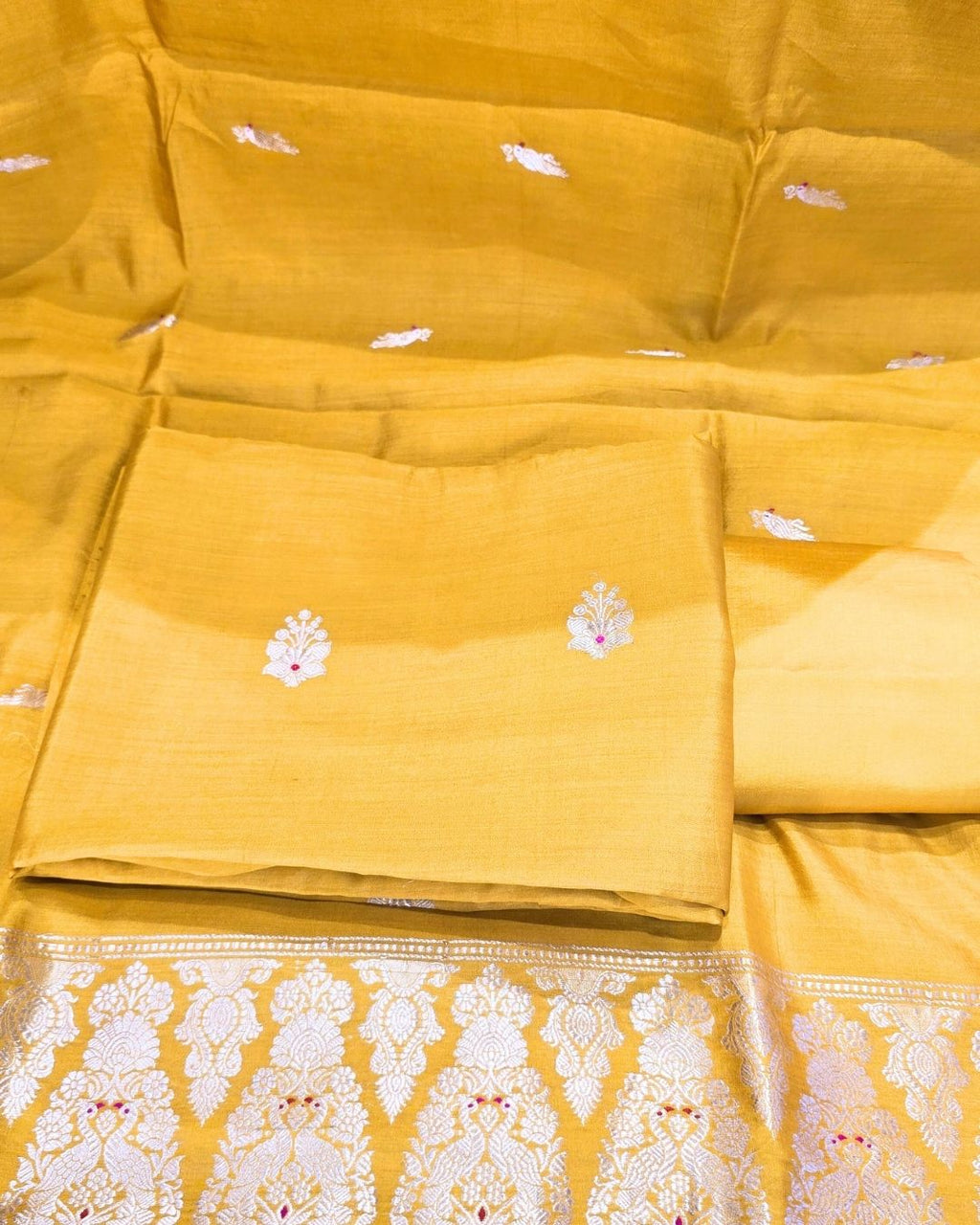 Mustard yellow bird and floral silk suit set
